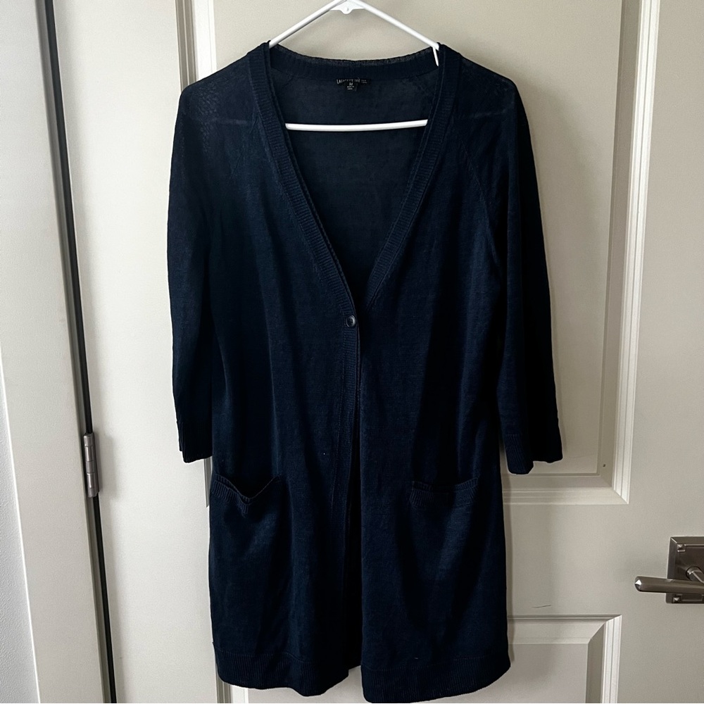Lafayette 148 New York Navy Long Cardigan with Pockets Medium
